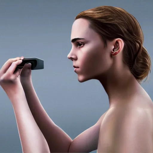 Image similar to a girl who is a mix of emma watson and scarlett johansson and nathalie portman, using a device to connect herself to a computer through an usb cable and a port in her arm, cables, it, very detailled, by david rutkowski and artgem