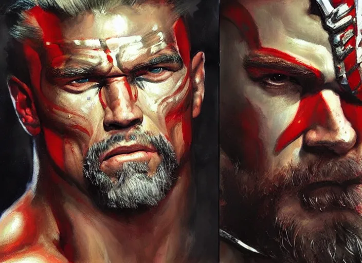 Image similar to a highly detailed beautiful portrait of arnold schwarzenegger as kratos, by gregory manchess, james gurney, james jean