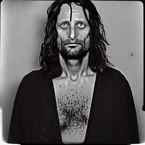Prompt: Aragorn, from lord of the rings, gets arrested for stealing the one ring, and is taken away in handcuffs,1980s Polaroid photo-journalism flash photography, black and white