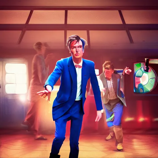 Prompt: the tenth Doctor Who at a polka dancing contest at the YMCA gym, everyone in the background cheering him on, the Tardis door is open, cgsociety, artstation, UE5, 8K, 4K