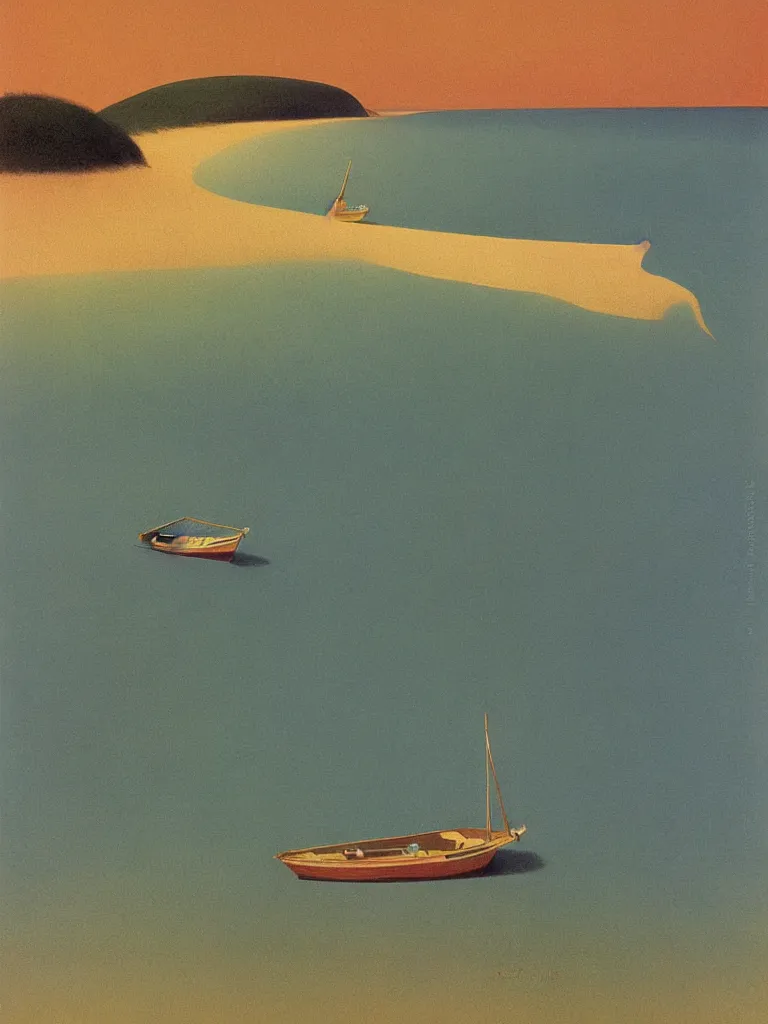 Image similar to a neo retro poster a boat near dune du Pilat, australian tonalism, pale gradients design, matte drawing, clean and simple design, outrun color palette. painted by Morandi, Agnes Pelton