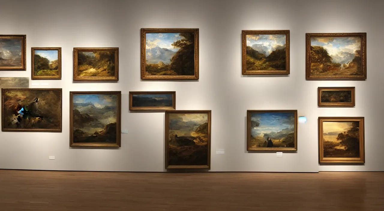 Prompt: in the art gallery, three landscape paintings are displayed side by side, and the middle one is a painting of a horse's head sticking out of the frame.