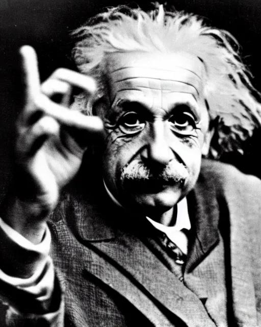 Image similar to an realistic photo of Albert Einstein holding an open hand with seven fingers, palm visible