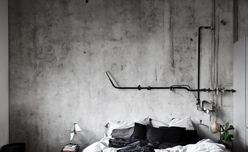 Prompt: berlin style compact bedroom interior, concrete, punk design, bed, neon lights, modernism, white, beige, black, minimalism, blackboard, industrial, pipes, little windows, plants