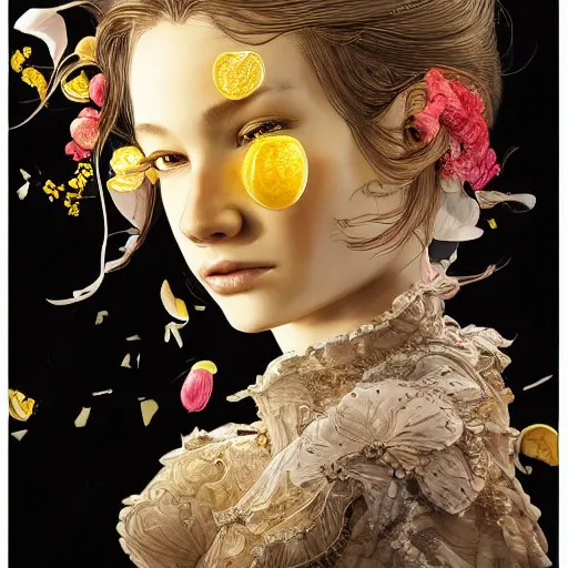 Image similar to the portrait of an absurdly beautiful, graceful, elegant, sophisticated, young girl made up of lemons, an ultrafine hyperdetailed illustration by kim jung gi, irakli nadar, intricate linework, bright colors, octopath traveler, final fantasy, unreal engine 5 highly rendered, global illumination, radiant light, detailed and intricate environment