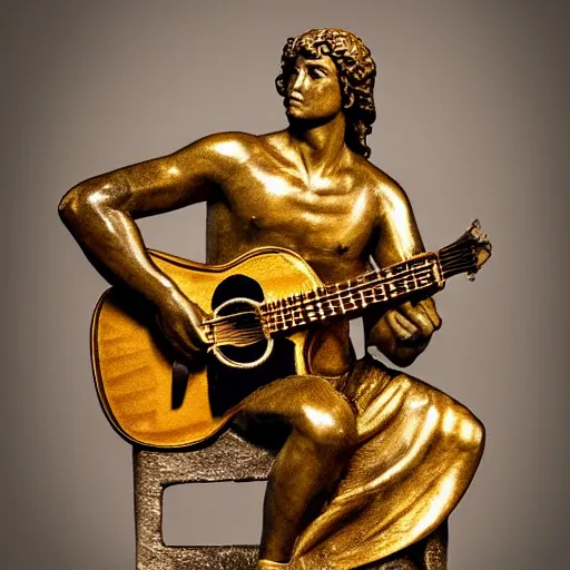 Prompt: !dream Statue of David, strumming his guitar on the live stage, backlighting, highly detailed, award-winning, photograph