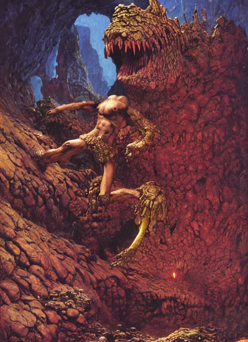 Image similar to monster in lava cave, by lawrence alma - tadema and zdzislaw beksinski and norman rockwell and jack kirby and tom lovell and greg staples, artstation creature art