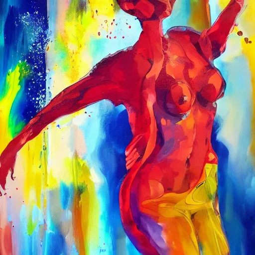 Prompt: a dynamically posed figure rendered in an expressive and stylized fashion showing movement with paint splashes