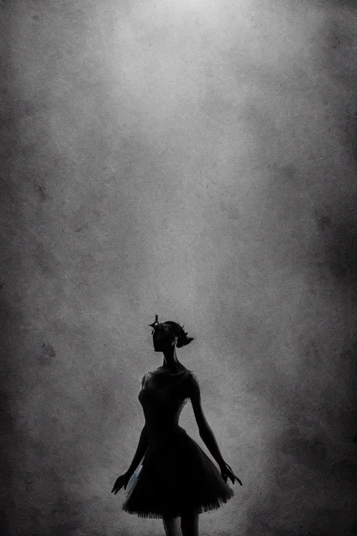 Image similar to dark ballerina, emil melmoth, concept art, deviantart, dark, 3 5 mm, chiaroscuro, surrealist, victorian, mist, dark, on an empty stage seen from below