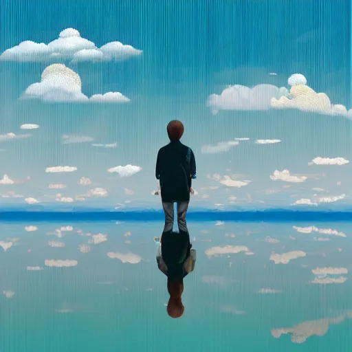 Image similar to a man walking on clouds away from the camera above a lake by takashi murakami, beeple and james jean, aya takano color style, 4 k, super detailed, modern, 4 k, symmetrical