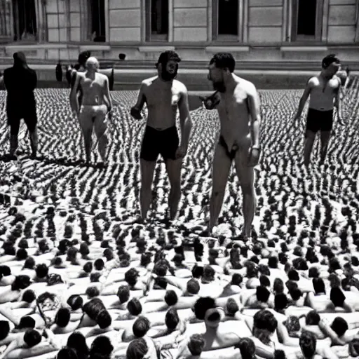 Prompt: two men arguing with each other in a Spencer Tunick photo