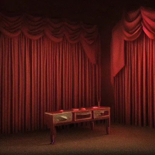 Image similar to the black lodge from Twin Peaks (1990), eerie surreal lynchian nightmare, red curtains, ominous, horror, 4k, art, trending on artstation, sharp focus