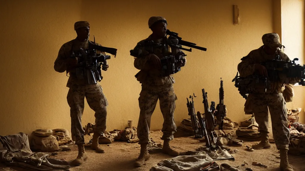 Image similar to film still of a marine soldier with a sniper rifle on his back standing in a dusty room with traditional colorful carpets on the wall in front of a sandy window. moody, grainy, 4 k, high detail, aesthetic, good composition, overdetailed, room cluttered with items, anatomically correct, directed by quentin tarantino,