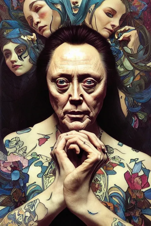 Image similar to portrait of christopher walken with an face tattoo, masterpiece painting by artgerm and greg rutkowski and alphonse mucha and android jones