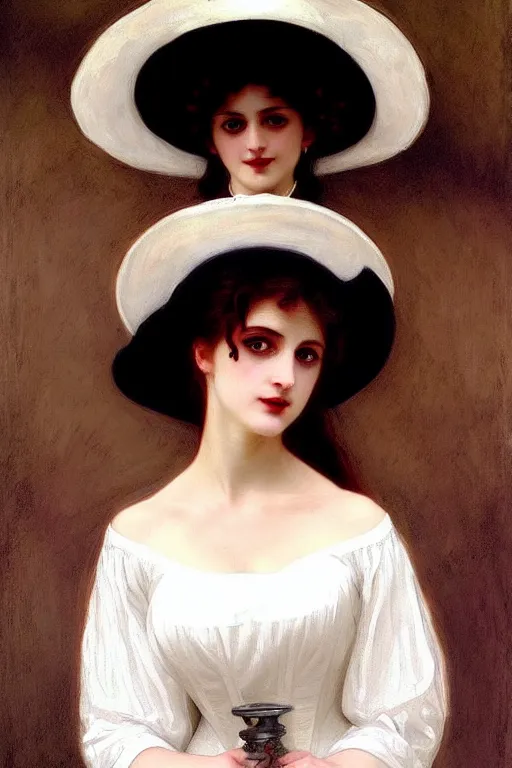 Image similar to victorian vampire in a big hat, white dress, painting by rossetti bouguereau, detailed art, artstation