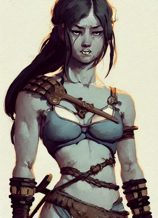 Image similar to portrait of cute muscular warrior girl cowered in celtic tattoos, dressed in armor bikini, holding a sword, dark fantasy, by atey ghailan, by greg rutkowski, by greg tocchini, by james gilleard, by joe gb fenton, by kaethe butcher, dynamic lighting, gradient light blue, brown, blonde cream and white color in scheme, grunge aesthetic