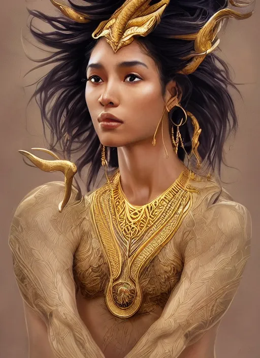 Image similar to fullbody!! dynamic movement pose, beautiful ethnic woman with flowing hair, big natural horns on her head, gold jewellery, dnd, face, fantasy, intricate, elegant, highly detailed, digital painting, artstation, concept art, smooth, sharp focus, illustration, art by artgerm and greg rutkowski and alphonse mucha