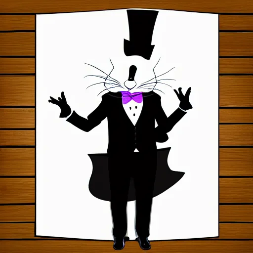 Image similar to bunny with top hat, wearing black suit with tie, performing magic tricks, hyperrealistic