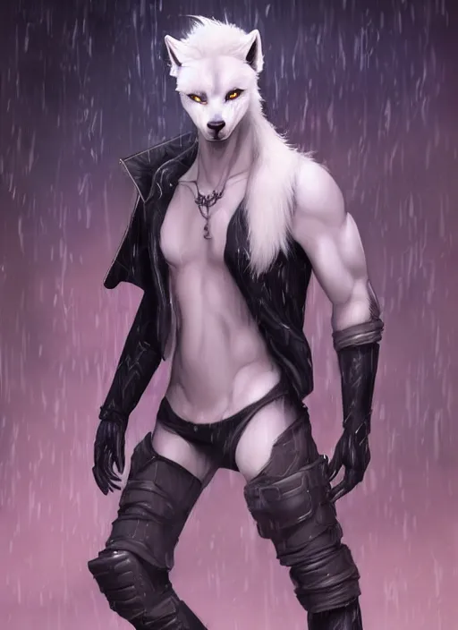 Prompt: award winning beautiful portrait commission art of a muscular male furry anthro albino wolf fursona with a tail and a cute beautiful attractive detailed furry face wearing black stylish cyberpunk pants and boots in a cyberpunk city at night while it rains. Character design by charlie bowater, ross tran, artgerm, and makoto shinkai, detailed, inked, western comic book art