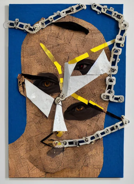 Image similar to a man with a moth mask, cardboard and scotch tape, chain, collage, acrylic on canvas, expressionism movement, breathtaking detailed, by blake neubert