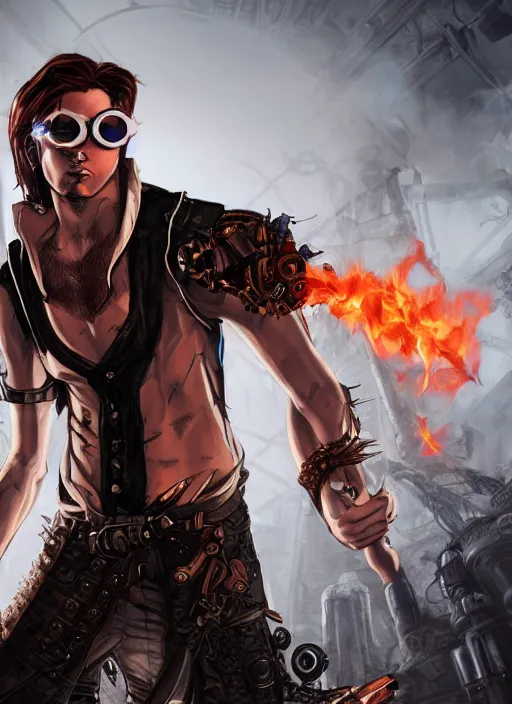 Prompt: An epic fantasy comic book style portrait painting of young man with red spiked long hair, using an steampunk googles. Wearing a black waistcoat, white shirt. Fire on his hands. Unreal 5, DAZ, hyperrealistic, octane render, cosplay, RPG portrait, dynamic lighting
