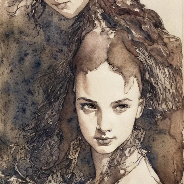 Prompt: a detailed, intricate watercolor and ink portrait illustration with fine lines of young 1 4 year old gal gadot looking over her shoulder, by arthur rackham and edmund dulac and lisbeth zwerger