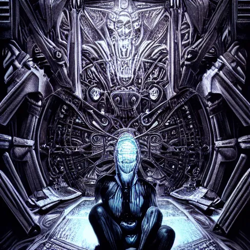 Prompt: highly detailed dark god sit on the tron, surreal, night, death, fear, horror, giger, hyperrealism, detailed and intricate environment