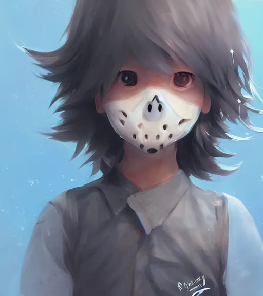 Prompt: beautiful little boy anime character inspired by jason voorhees, art by rossdraws, wlop, ilya kuvshinov, artgem lau, sakimichan and makoto shinkai, concept art, anatomically correct, extremely coherent, realistic, mask, smooth, hd, long hair