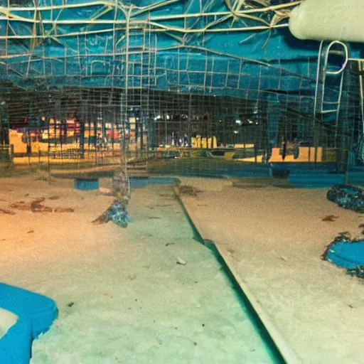 Image similar to an eerie photo of an abandoned indoor water park from the 1 9 9 0 s at night, disposable film