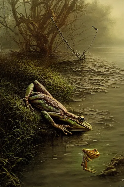 Image similar to frog fishing with a fishing pole by the water by anna podedworna, ayami kojima, greg rutkowski, giger, maxim verehin