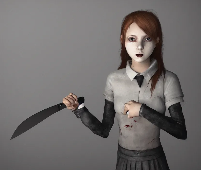 Image similar to school girl holding a knife, gloomy and foggy atmosphere, octane render, artstation trending, horror scene, highly detailded