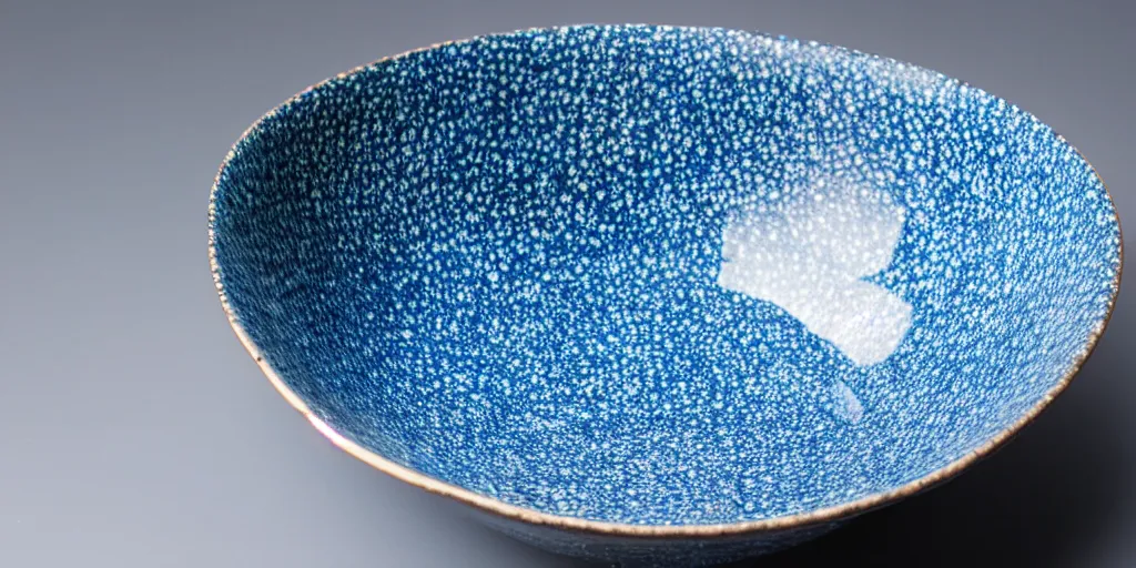 Prompt: blue speckled fukuoka bowl, studio lighting