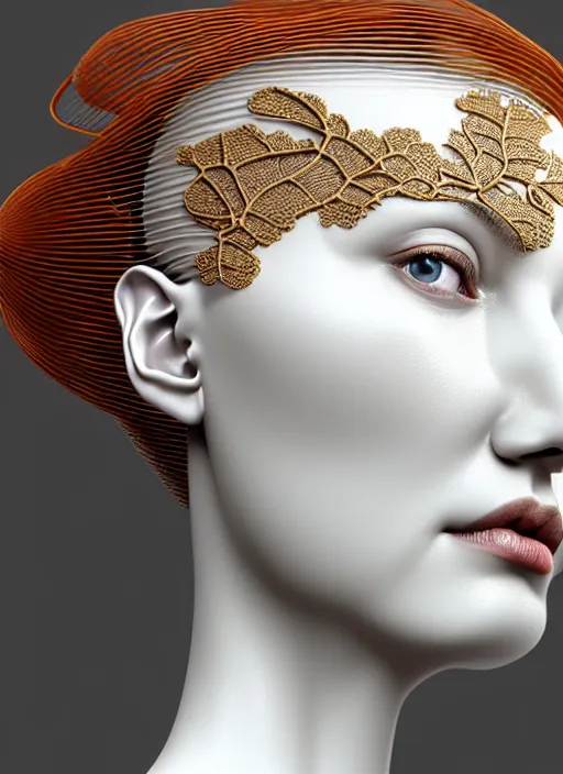 Image similar to complex 3d render ultra detailed of a beautiful porcelain translucent profile woman face, biomechanical ultradetailed cyborg, 150 mm, beautiful natural soft light, rim light, silver gold details, magnolia big leaves and stems, roots, fine foliage lace, maze like, mesh wire, ornate, intricate details, hyperrealistic, mandelbrot fractal, anatomical, red lips, white metal neocubism armor, facial muscles, cable wires, microchip, elegant, octane render, H.R. Giger style, 8k