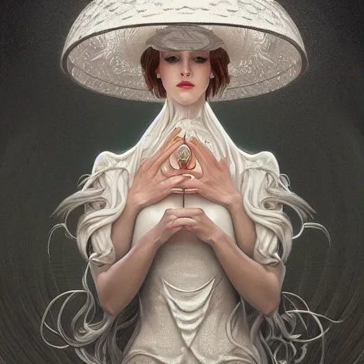 Image similar to a photograpic portrait of a anthropomorphic mushroom wearing white clothes, fantasy, intricate, elegant, highly detailed, digital painting, artstation, concept art, smooth, sharp focus, illustration, art by artgerm and H R Giger and alphonse mucha