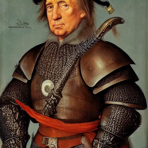 Prompt: donald trump wearing knights armor, donald trump holding a crazy broadsword, donald trump ’ s highly detailed face, by hans holbein