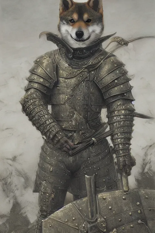 Image similar to a detailed matte portrait of an anthropomorphic shiba inu in steel plate armor, shiba inu face, very large longsword leaning against the side of a tavern, city streets, masterpiece, 8 k, art by donato giancola and greg rutkowski and wayne barlow and zdzisław beksinski