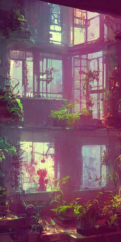 Image similar to lush windowsill with plants on it, interior of room, looking out toward a cyberpunk cityscape, vignette of windowsill, technological art, detailed digital concept art by anton fadeev and marc simonetti, trending on artstation