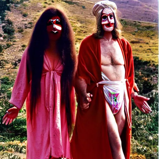 Image similar to 1970 hippie woman on tv show with a long prosthetic inflatable nose, big nostrils, wearing a robe on the hillside 1970 color archival footage color film 16mm holding a hand puppet Fellini Almodovar John Waters Russ Meyer Doris Wishman