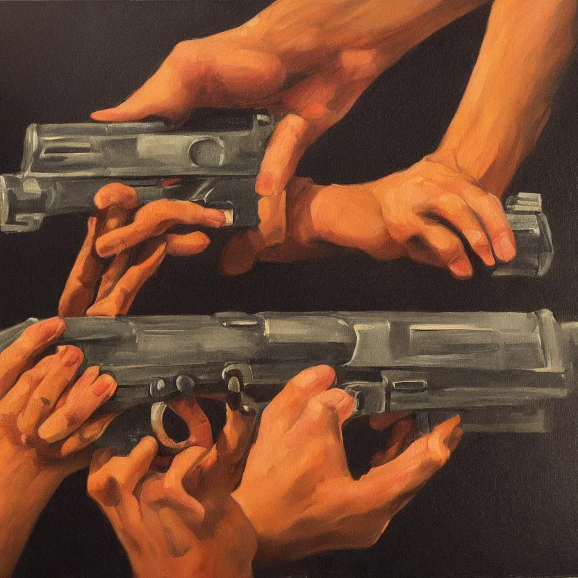 Prompt: oil painting of a human hand holding a gun