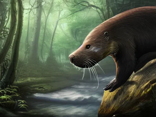 Prompt: ferocious otter spirit portrait, pulled focus. lowland forest stream background, blurred. digital illustration detailed digital illustration for mtg. dnd fantasy epic character illustration by seb mckinnon, background by john constable. 4 k illustration