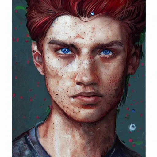 Image similar to portrait of a teen boy with long red hair and a lot of freckles and muscular, intricate, highly detailed, digital painting, artstation, sharp focus, illustration