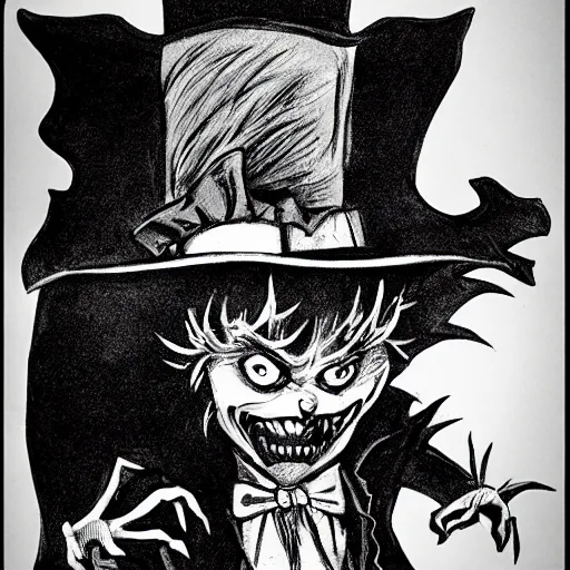 Image similar to a Pop Wonder scary horror themed goofy-hilarious-character Jack-Frost-Babadook-scarecrow-madhatter-williewonka-wearing a scarf, 3-piece-suit, dime-store-comic drawn with charcoal and pen and ink, half-tone-line-stacking