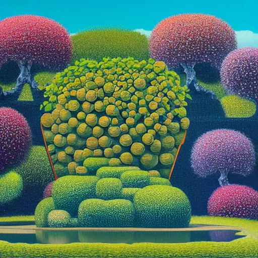 Prompt: complex and beautiful japanese garden full of flowers by michael kidd, oil on canvas, apple giant translucent transparent skull, james jean, splashes, magritte painting, intricate, highest details, 8 k, pushead, pointillism