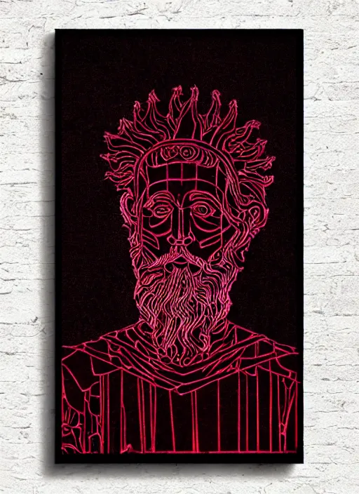 Image similar to elegant dark design poster showing a statue of marcus aurelius, black background with very subtle red and purple design elements, powerful, nekro, vito acconci, thin straight lines, dark, glitch art, neo vaporwave, gritty, layout frame, square, extremly detailed, trending on artstation