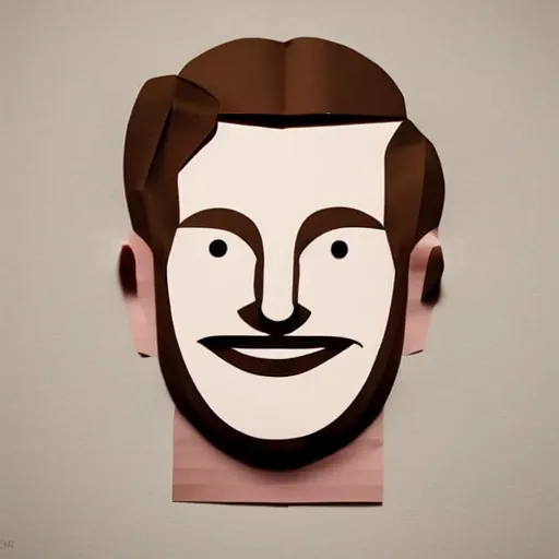 Image similar to a face of a man with wavey medium short hair made from layered paper, smiling, 2D, flat minimalistic, ambient light