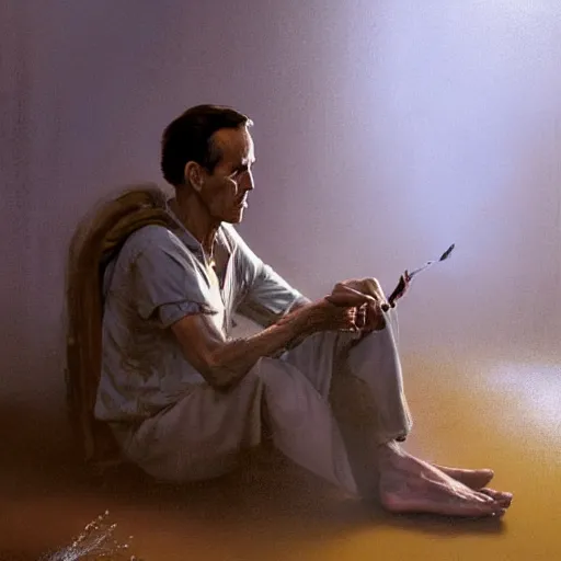 Prompt: a highly detailed epic cinematic concept art CG render digital painting artwork costume design: Henry Fonda as a 1950s tired disillusioned poet, barefoot, smoking one cigarette. volumetric lighting. By Greg Rutkowski, in the style of Francis Bacon and Syd Mead and Norman Rockwell and Beksinski, great attention to proper perfect anatomy, highly detailed, painted by Francis Bacon and Edward Hopper, painted by James Gilleard, surrealism, airbrush, Ilya Kuvshinov, WLOP, Stanley Artgerm, very coherent, triadic color scheme, realistic facial expression, art by Takato Yamamoto and James Jean