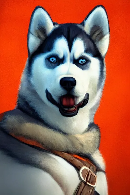 Image similar to a portrait painting of a husky in cowboy costume in the style of anime, character design, a fistful of dollars, per un pugno di dollari, treniding on artstation