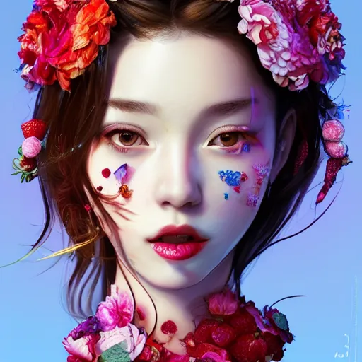 Prompt: the face of absurdly beautiful, graceful, elegant, sophisticated, sensual young gravure idol made of strawberries and colorful petals with tears, an ultrafine photorealistic illustration by kim jung gi, irakli nadar, intricate linework, bright colors, octopath traveler, final fantasy, unreal engine highly rendered, global illumination, radiant light, intricate environment