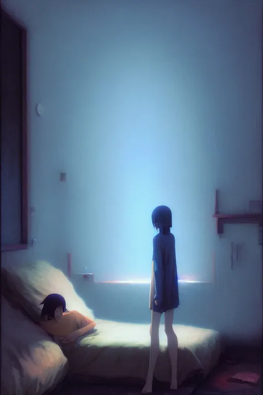 Image similar to portrait of bed pilled novelai user telling qpangfire to go to bed, by makoto shinkai, by akihiko yoshida, by zdzislaw beksinski, by dariusz zawadzki, artbook, tone mapped, deep blues, shiny, soft lighting