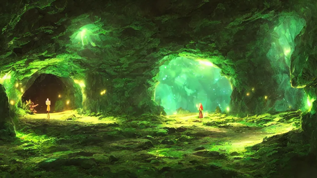 Prompt: A cave entrance with a glowing green crystal on the ground, mystical, surreal, fantasy, fairytale, magical, glowing, light, 3D environment, art by Makoto Shinkai